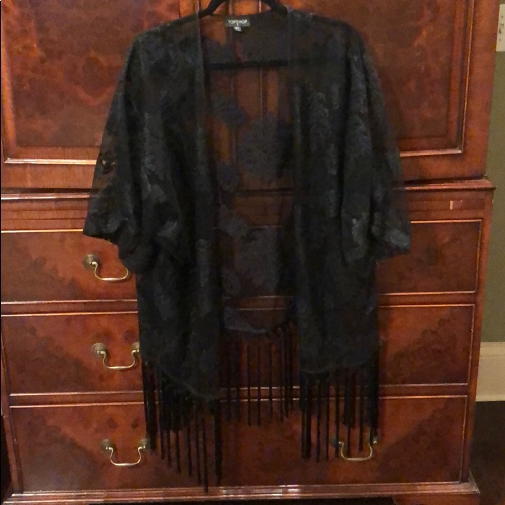 Black appliqué and fringe kimono
